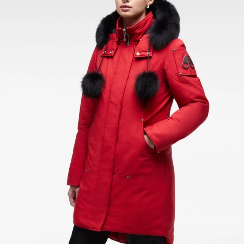Moose Knuckles Stirling Parka red down coat with natural fur